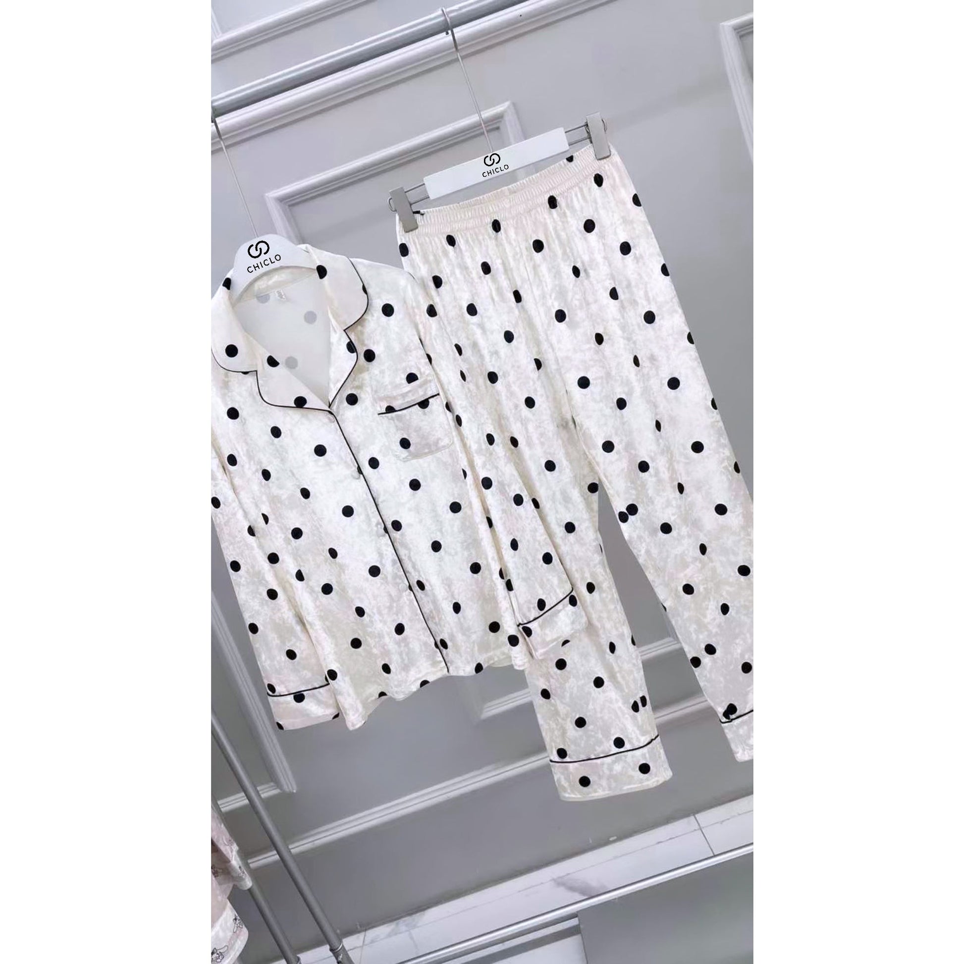Chiclo Black & White Polka Dots Velvet Loungewear Set - Chiclo
