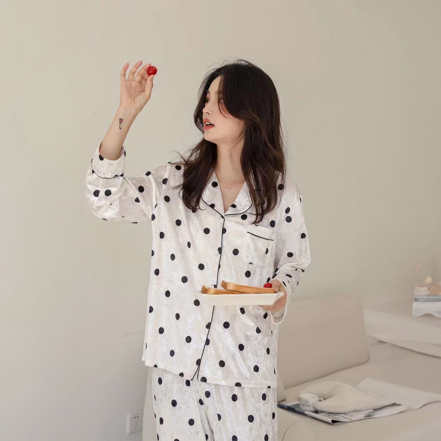 Chiclo Black & White Polka Dots Velvet Loungewear Set - Chiclo