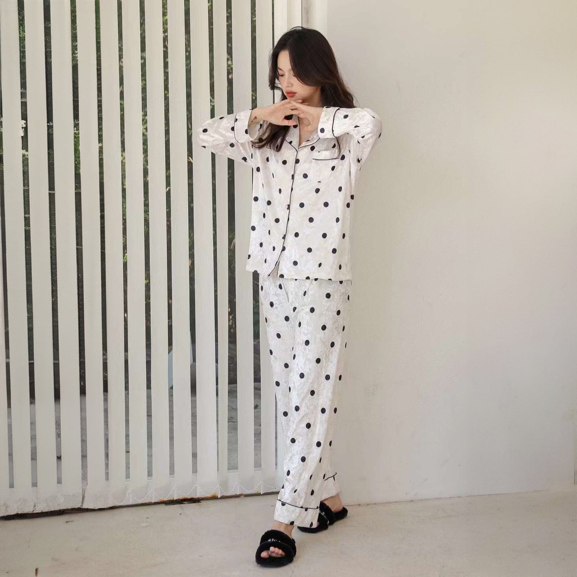 Chiclo Black & White Polka Dots Velvet Loungewear Set - Chiclo