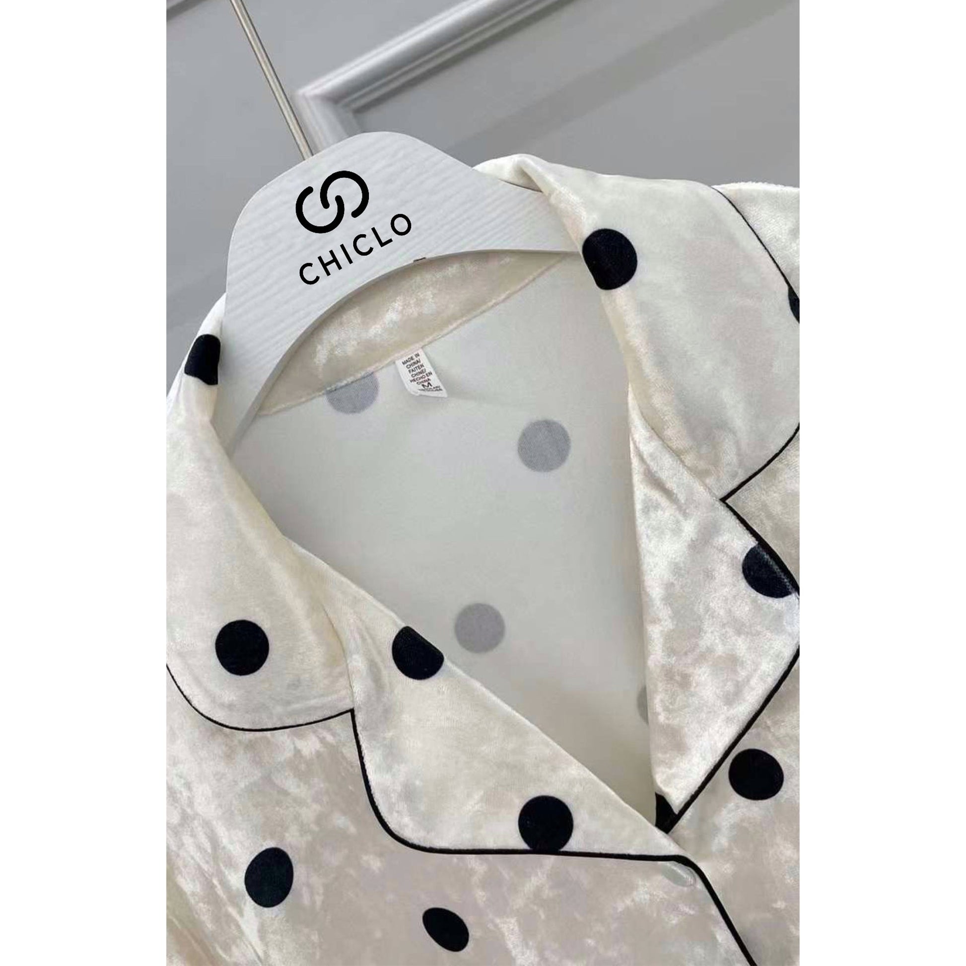 Chiclo Black & White Polka Dots Velvet Loungewear Set - Chiclo