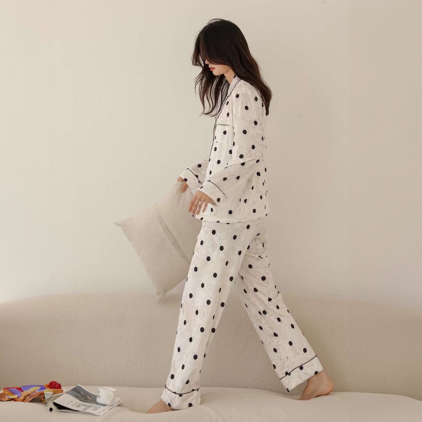 Chiclo Black & White Polka Dots Velvet Loungewear Set - Chiclo