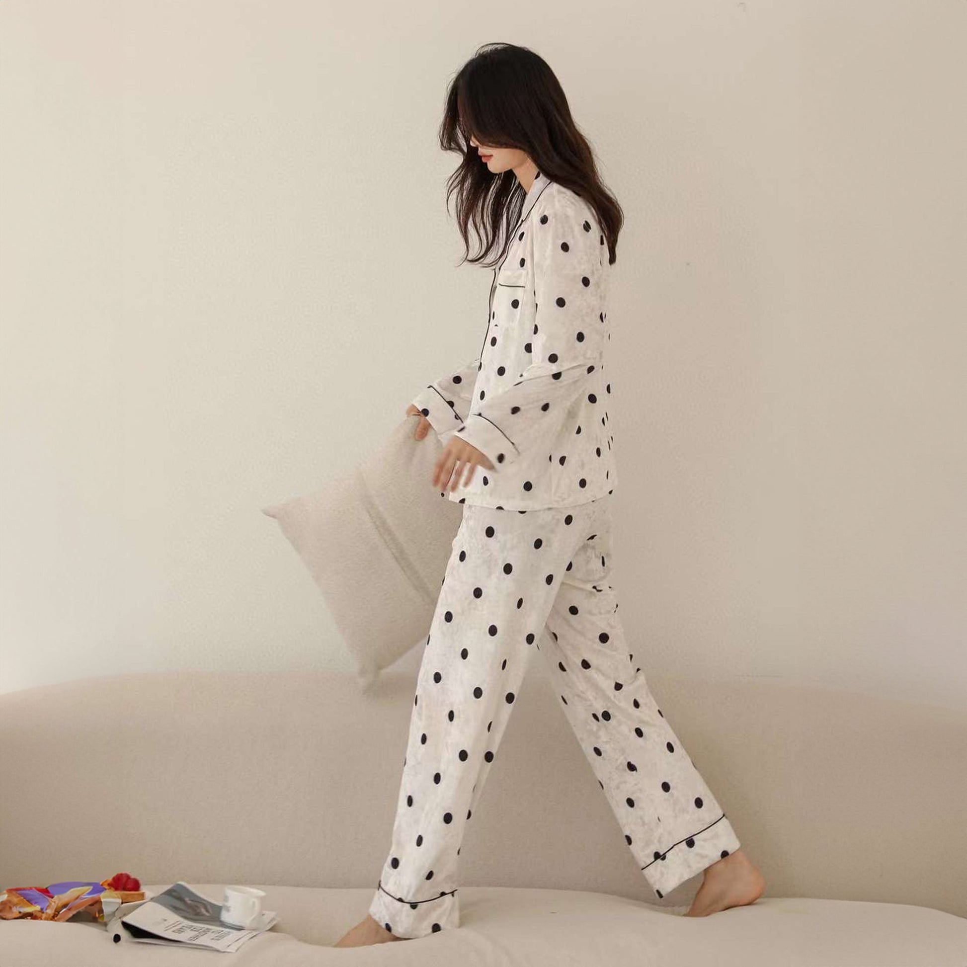 Chiclo Black & White Polka Dots Velvet Loungewear Set - Chiclo