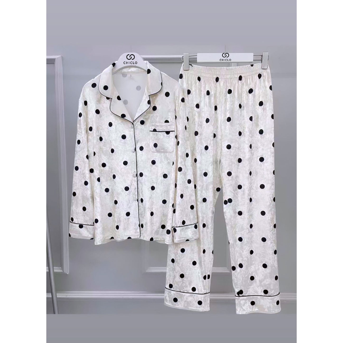 Chiclo Black & White Polka Dots Velvet Loungewear Set - Chiclo