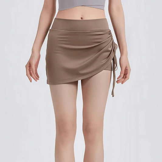 Chiclo Drawstring Asymmetrical Skirt with Built - in Shorts - Chiclo