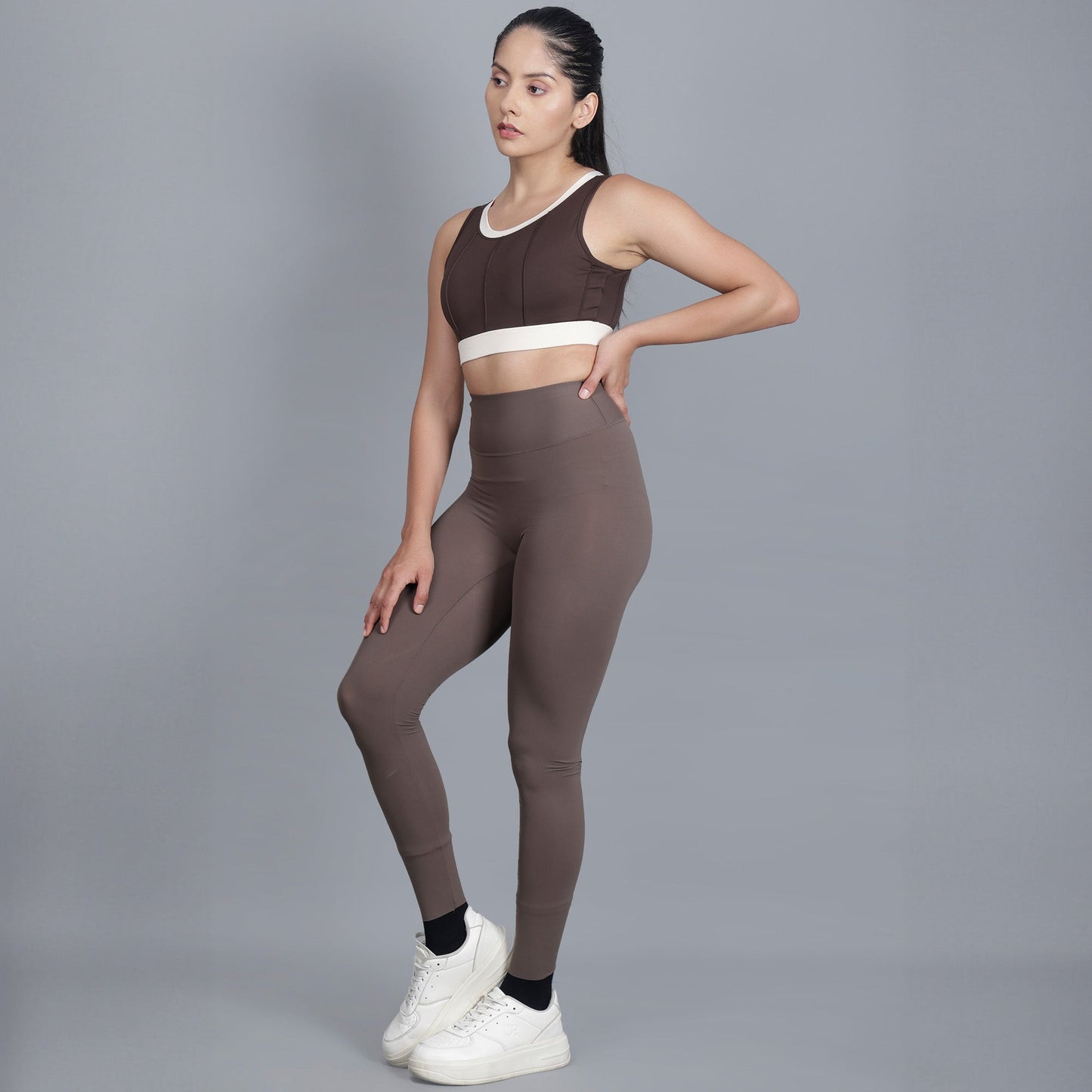 Chiclo Women's Brown Monochrome Set With Tights, Sports Bra & Socks - Chiclo