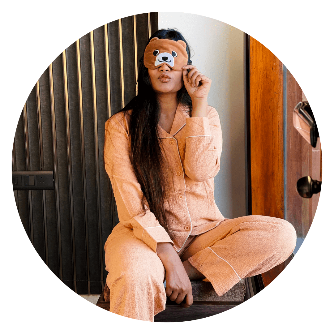 Cozy loungewear for women pajama set with a cute sleep mask, perfect for relaxation and comfort at home.
