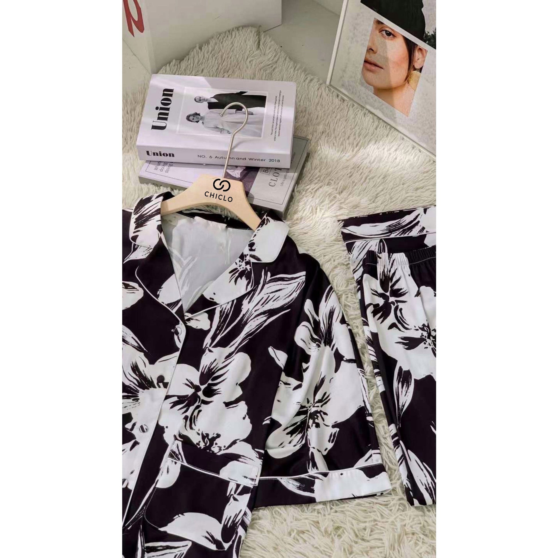 Chiclo Baggy Black & White Floral Print Satin Loungewear Set - Chiclo