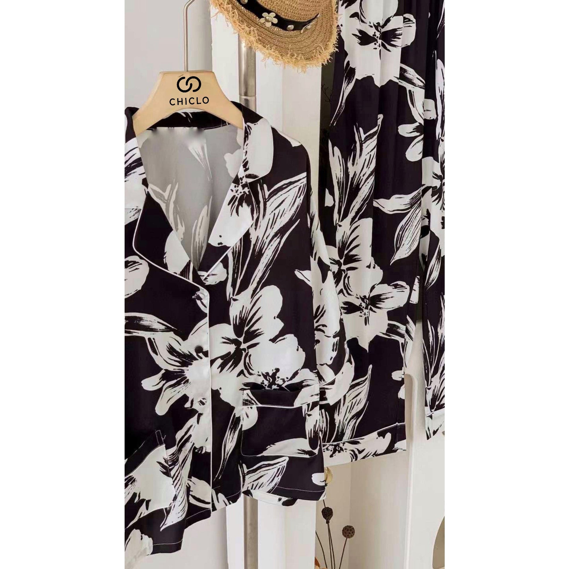 Chiclo Baggy Black & White Floral Print Satin Loungewear Set - Chiclo