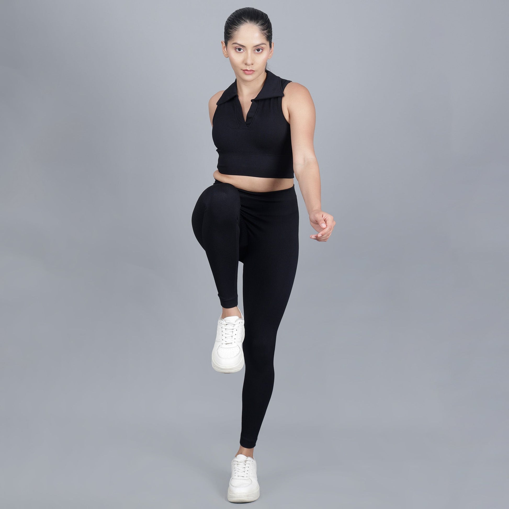 Chiclo Black Ribbed Tights With Padded Top Workout Set - Chiclo