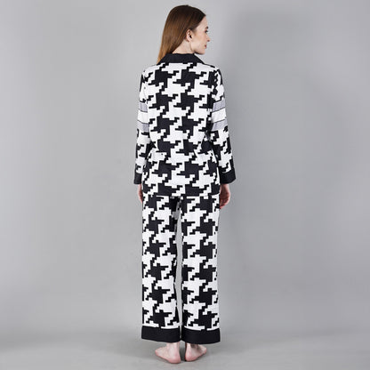 Chiclo Black & White Abstract Print Satin Loungewear - Chiclo