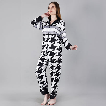 Chiclo Black & White Abstract Print Satin Loungewear - Chiclo