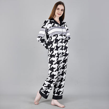 Chiclo Black & White Abstract Print Satin Loungewear - Chiclo