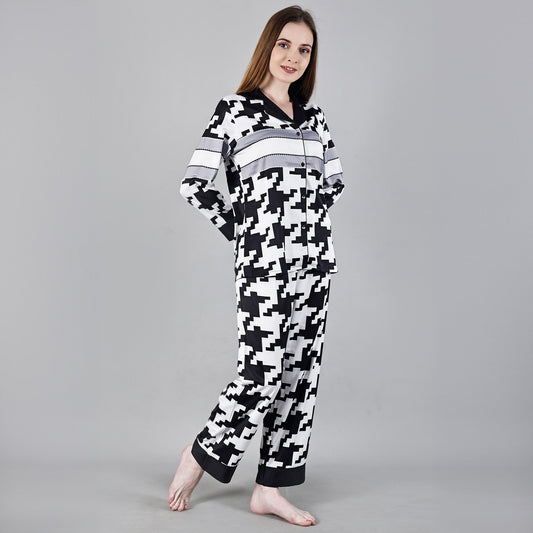 Chiclo Black & White Abstract Print Satin Loungewear - Chiclo