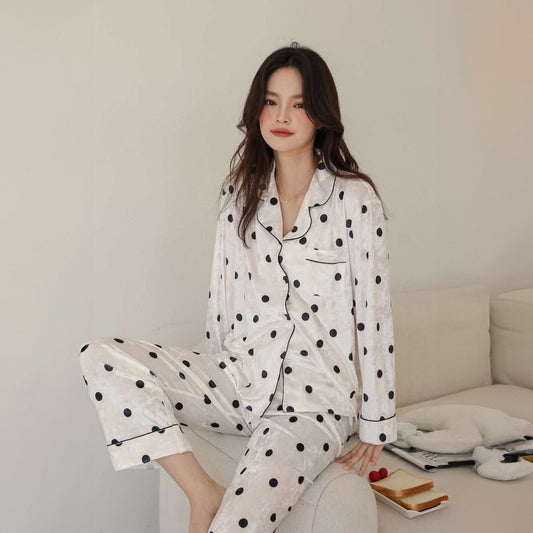 Chiclo Black & White Polka Dots Velvet Loungewear Set - Chiclo