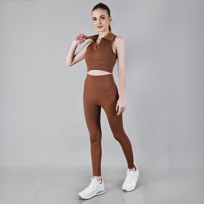 Chiclo Brown Ribbed Tights With Padded Top Workout Set - Chiclo