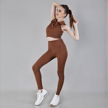 Chiclo Brown Ribbed Tights With Padded Top Workout Set - Chiclo