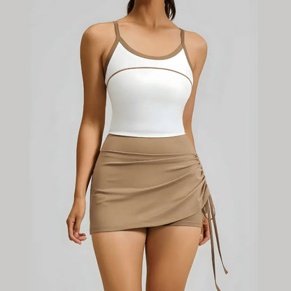 Chiclo Drawstring Asymmetrical Skirt & Padded Top Set - Chiclo