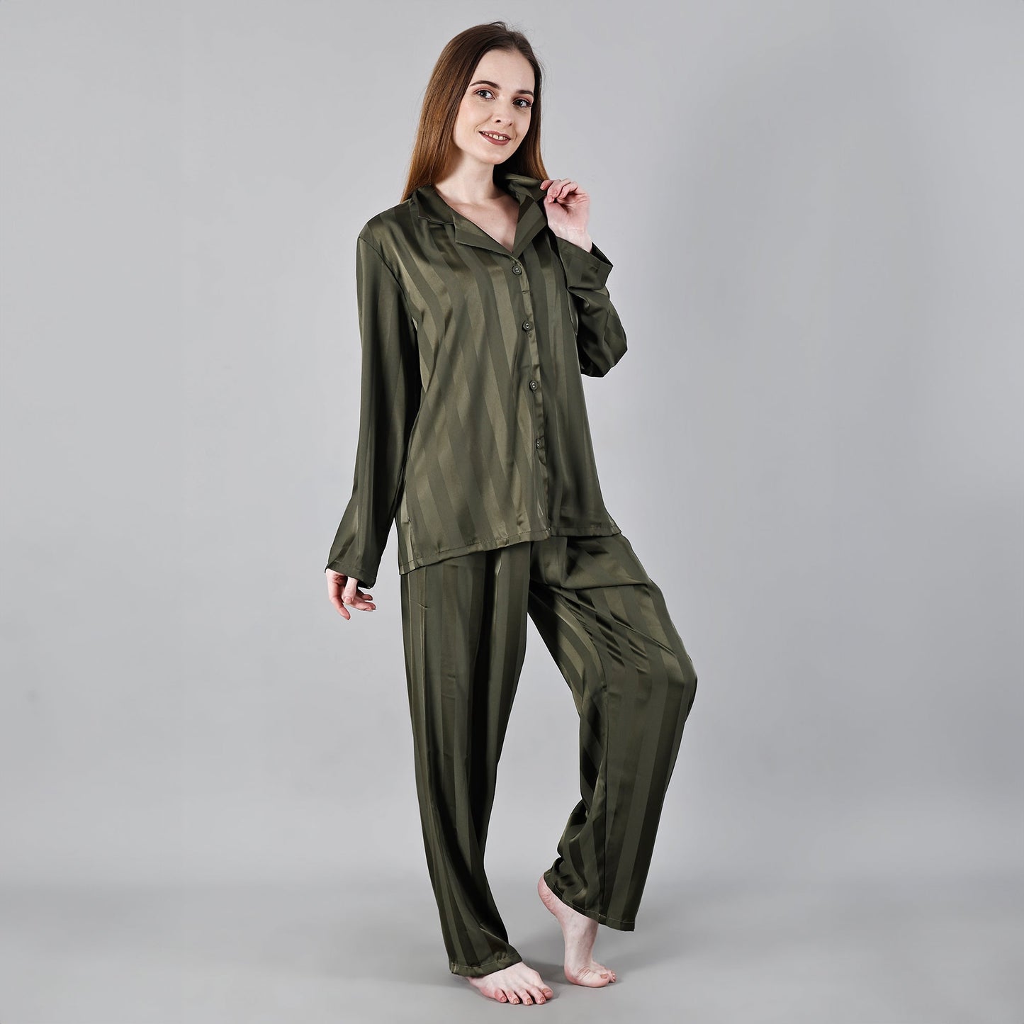 Chiclo Green Striped Women Satin Loungewear - Chiclo