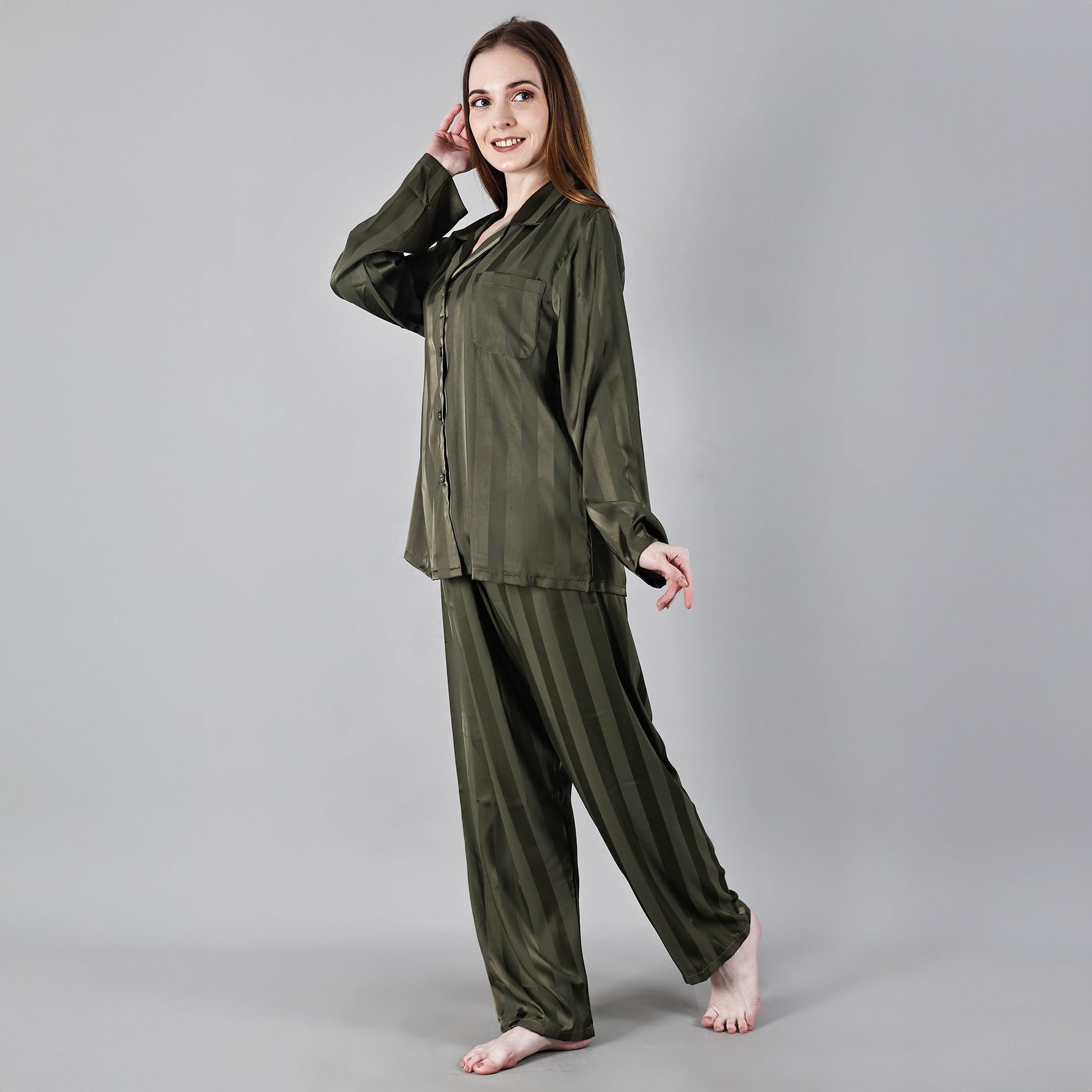 Chiclo Green Striped Women Satin Loungewear - Chiclo