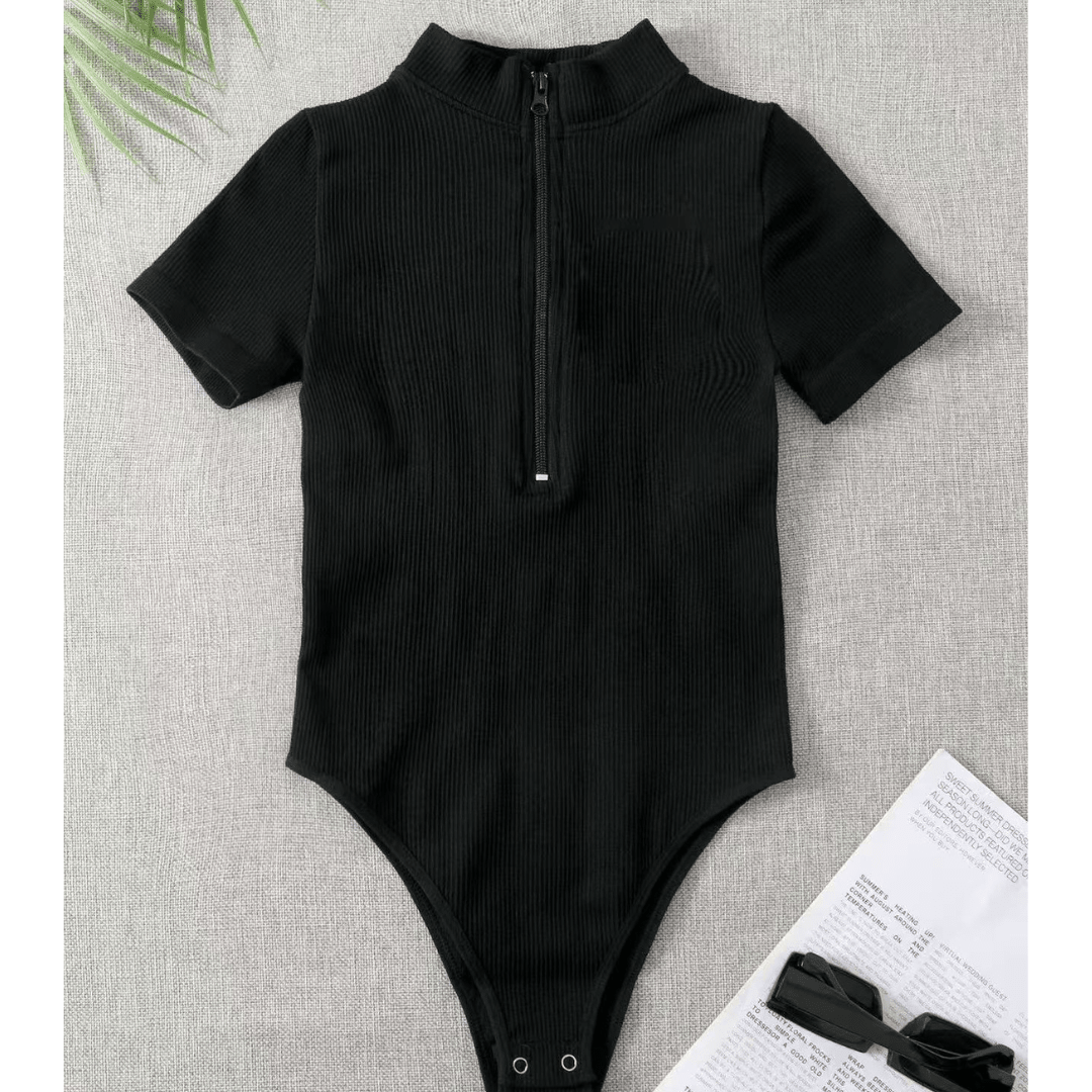 Chiclo Half Zip Ribbed Bodysuit Top - Chiclo