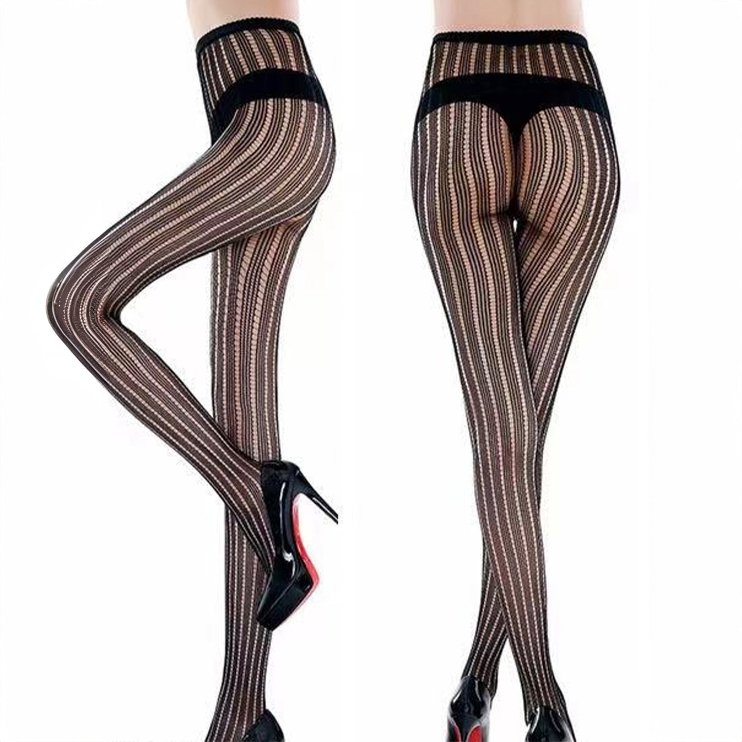 Chiclo High-Rise Vertical Line Stockings – Black - Chiclo