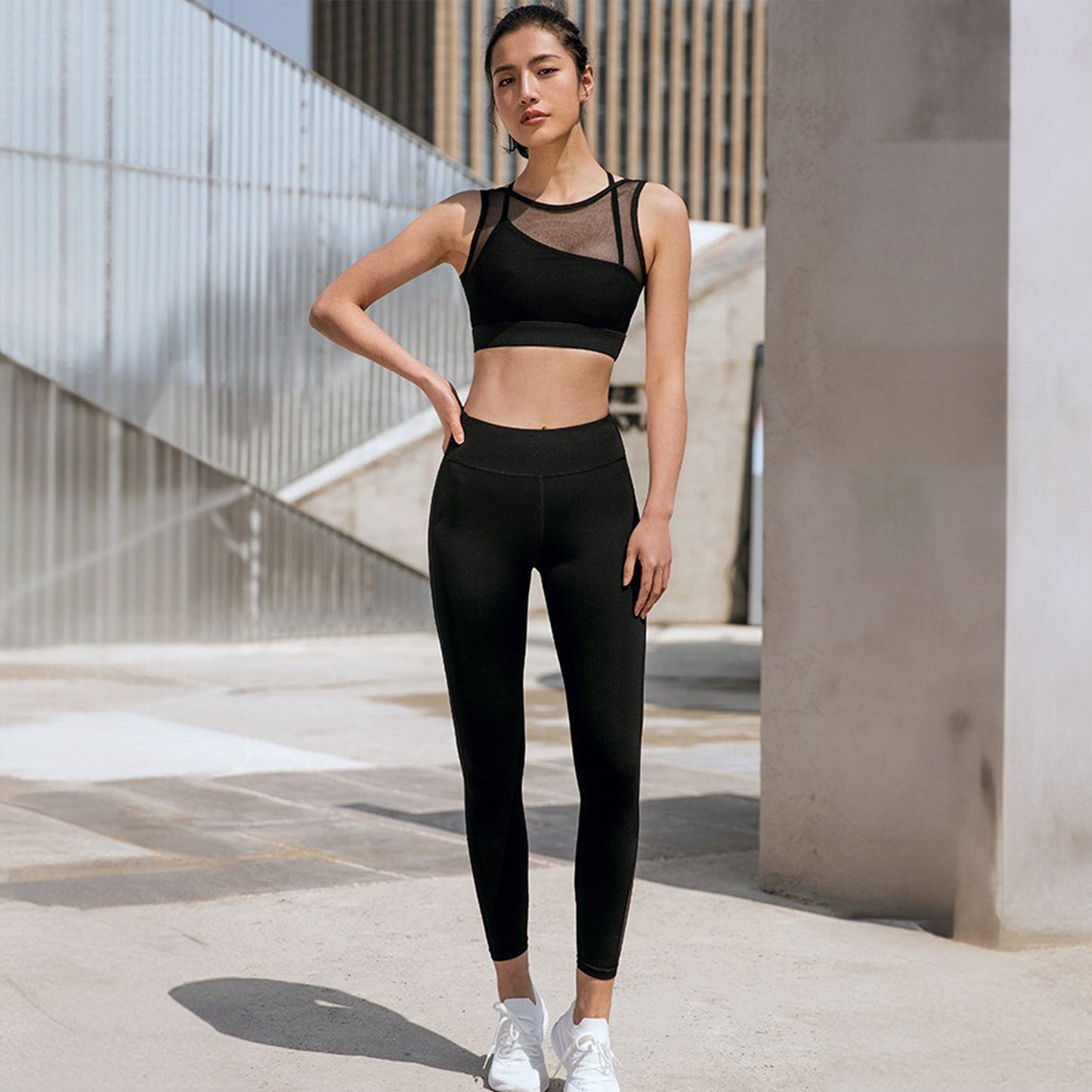 Chiclo High Waist Mesh Panel Workout Set - Chiclo