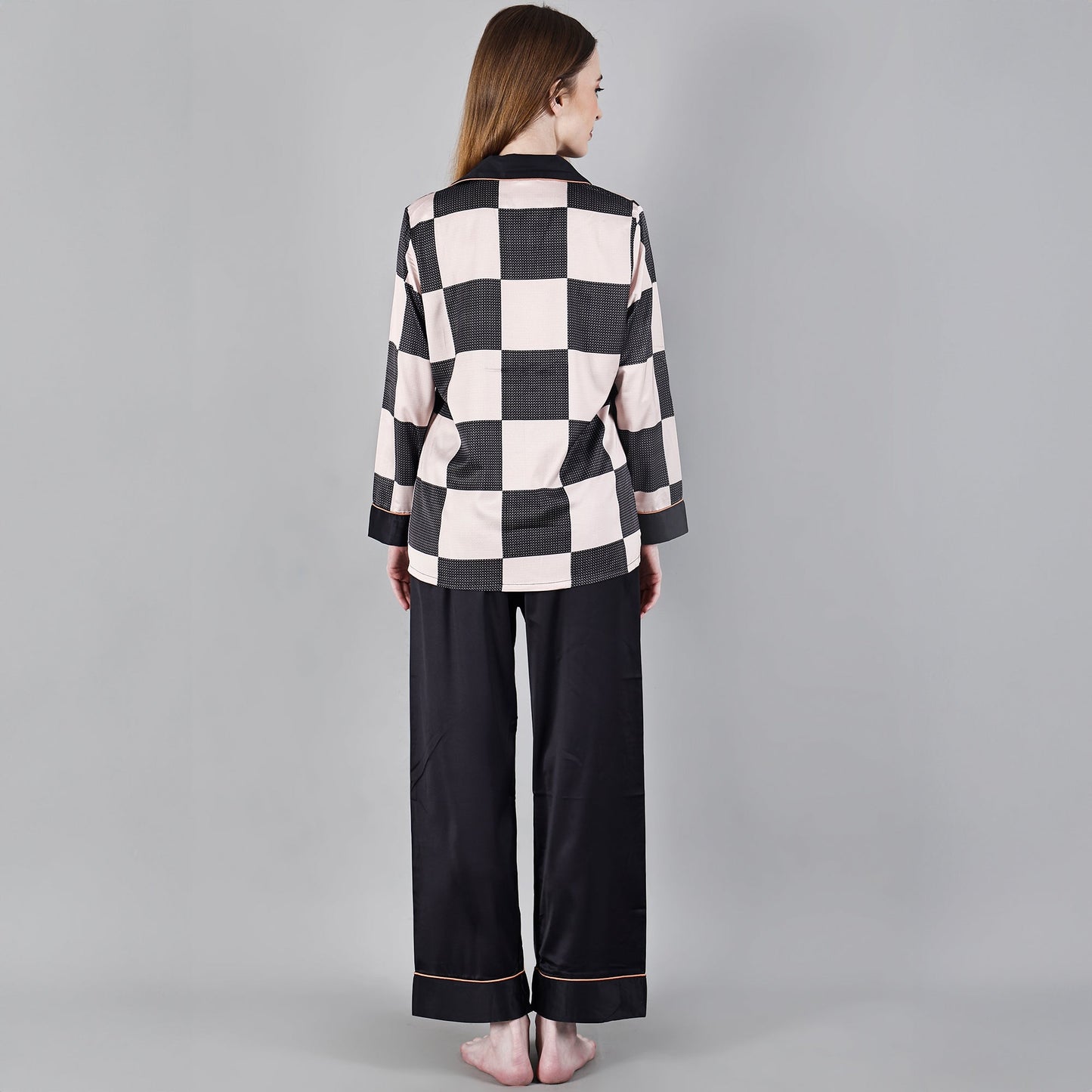 Chiclo Pink & Black Checks Satin Loungewear - Chiclo