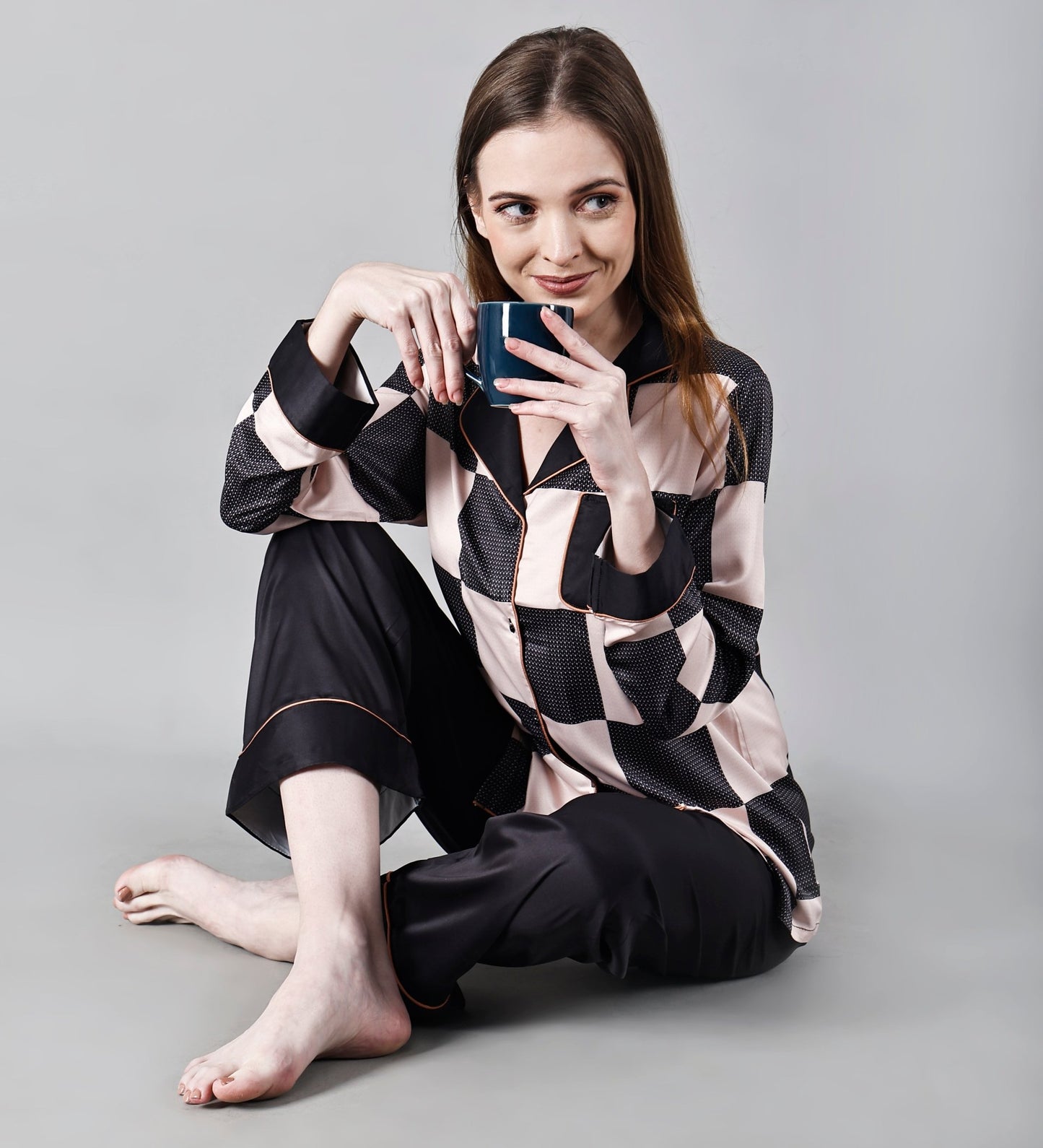 Chiclo Pink & Black Checks Satin Loungewear - Chiclo