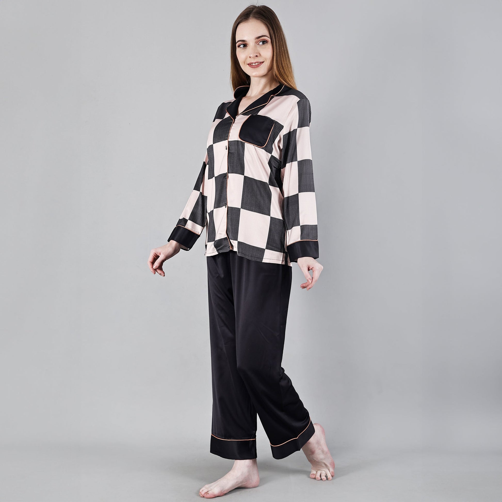 Chiclo Pink & Black Checks Satin Loungewear - Chiclo