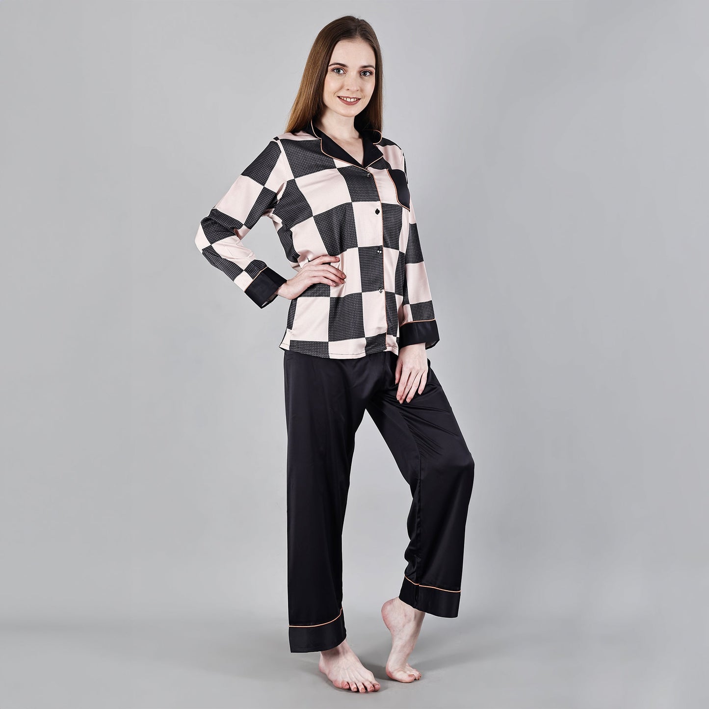 Chiclo Pink & Black Checks Satin Loungewear - Chiclo