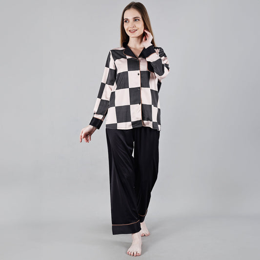 Chiclo Pink & Black Checks Satin Loungewear - Chiclo