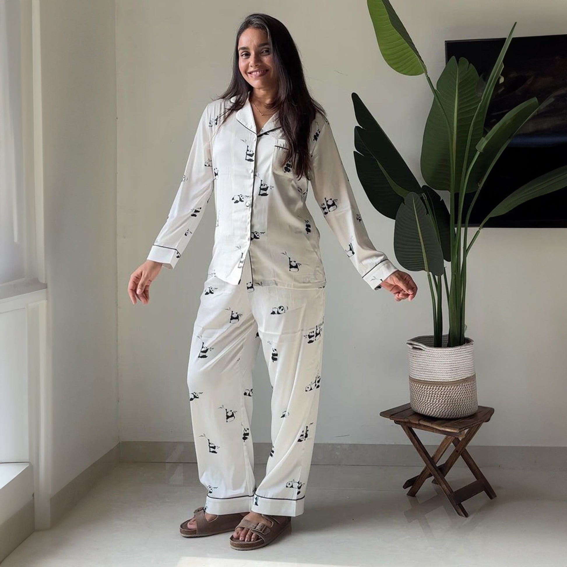 Chiclo Playful White Panda Satin Loungewear Set - Chiclo