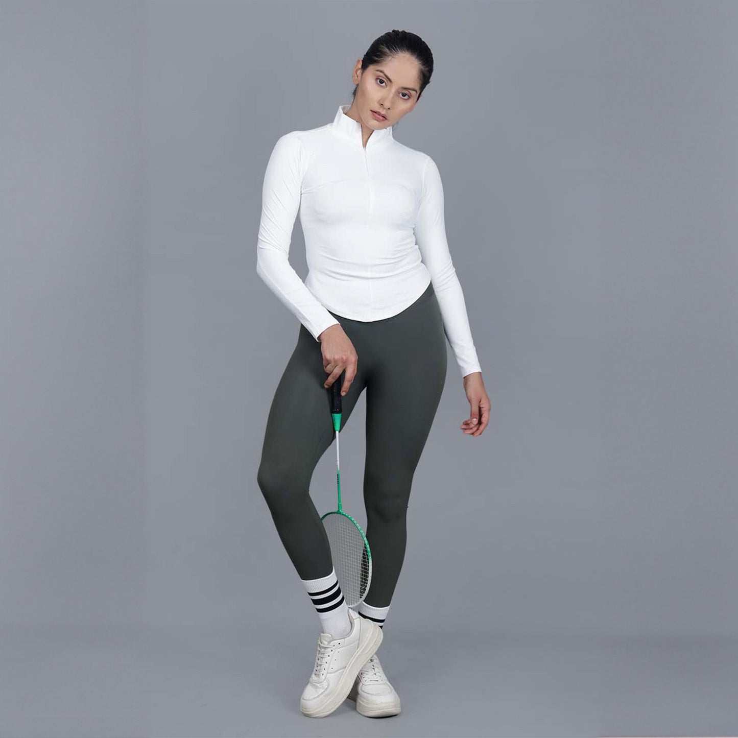 Chiclo Women's Set Featuring Green Tights, White Dri-fit T-shirt & Socks - Chiclo